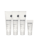Das newkee cleansing essentials set enthält ein veganes Shampoo, Duschgel, eine vegane Bodylotion und eine vegane Handcreme